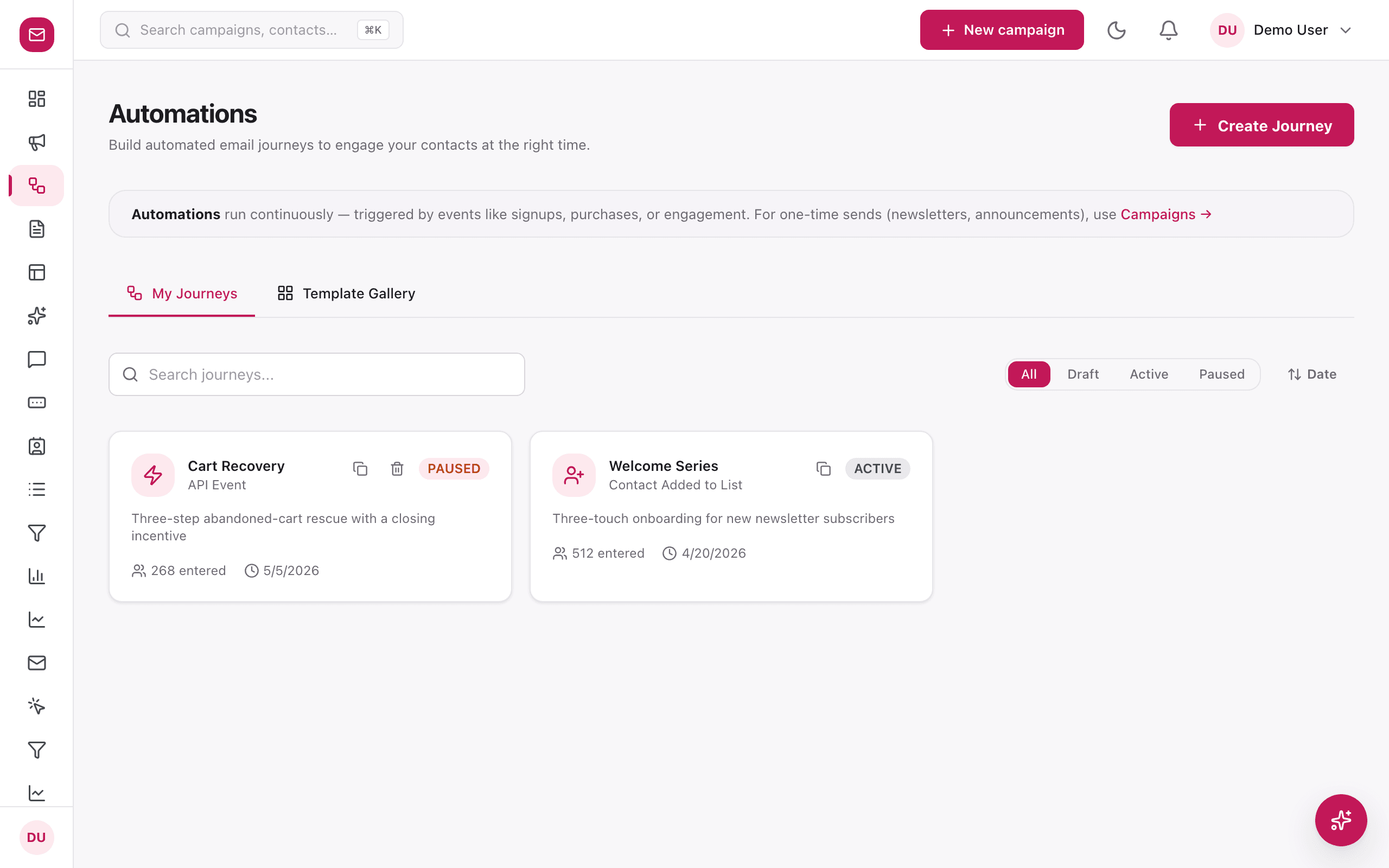 Visual automation journey with branching steps