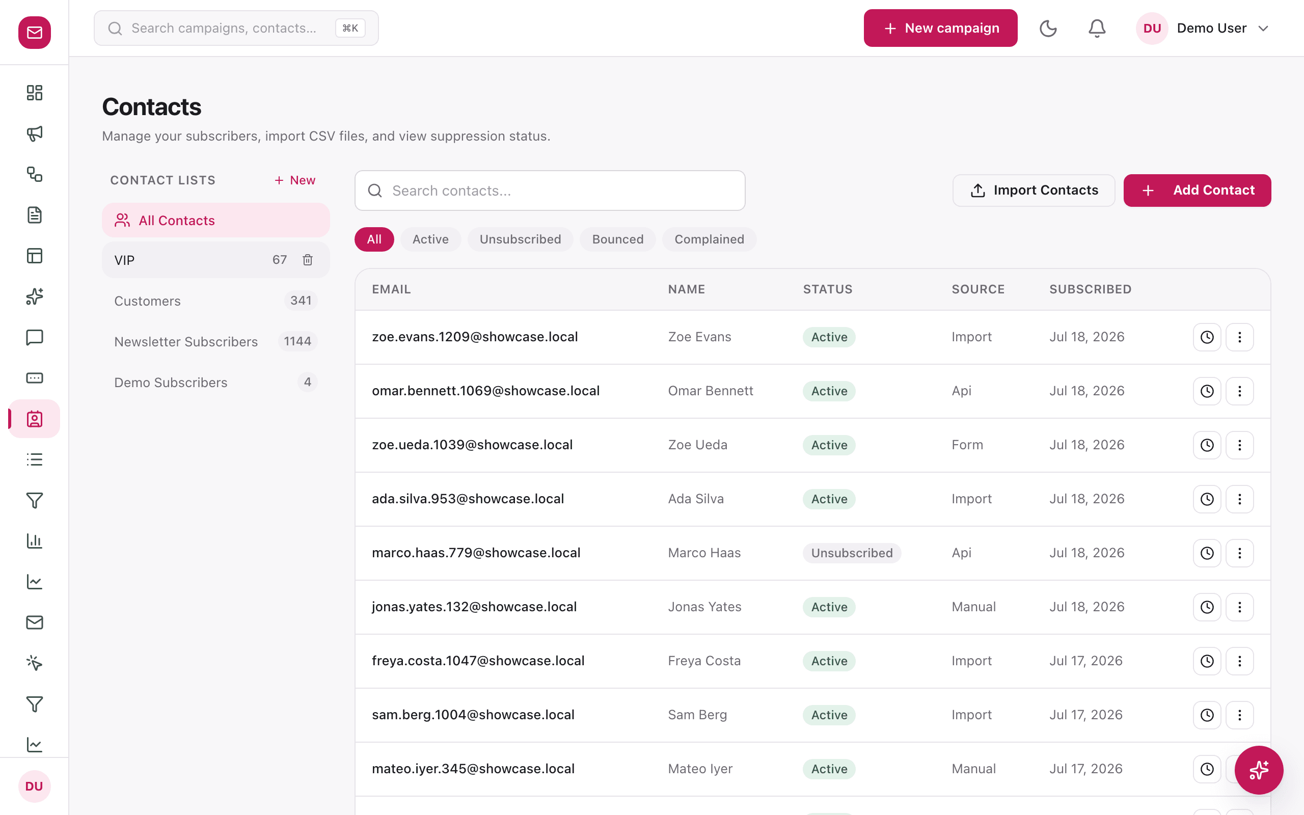 Contacts page with lists, status filters, and searchable contact table