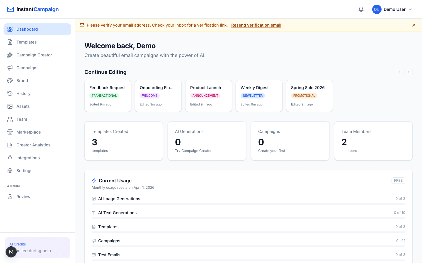 InstantCampaign Dashboard