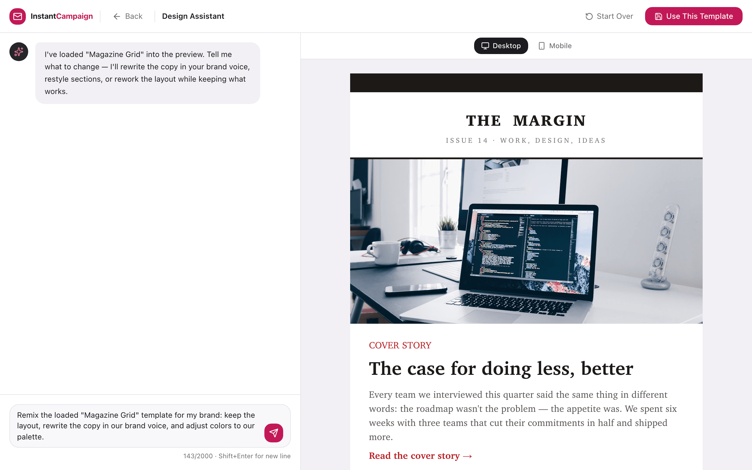 AI Design Assistant panel generating an email section