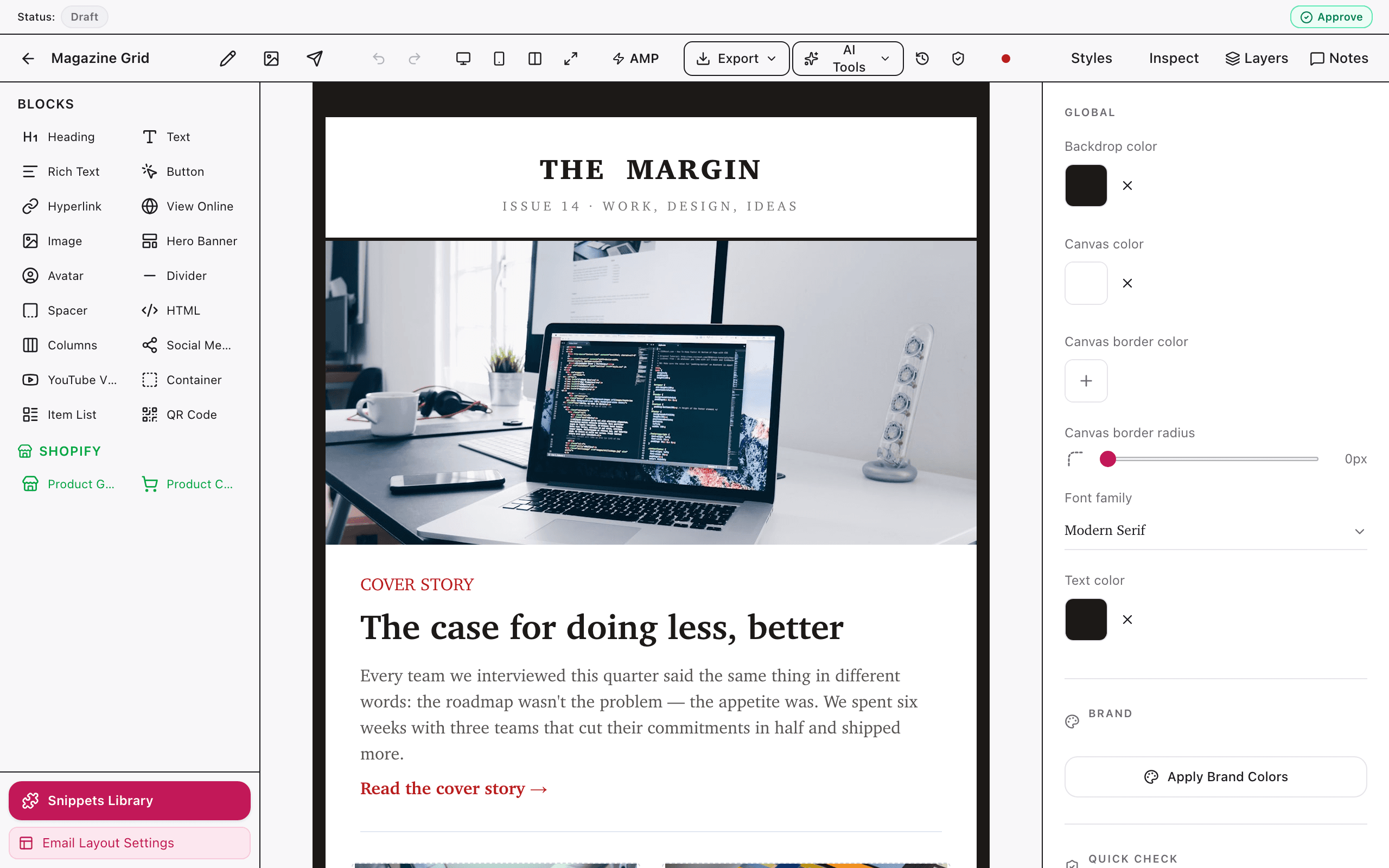 Drag-and-drop email builder with a template open