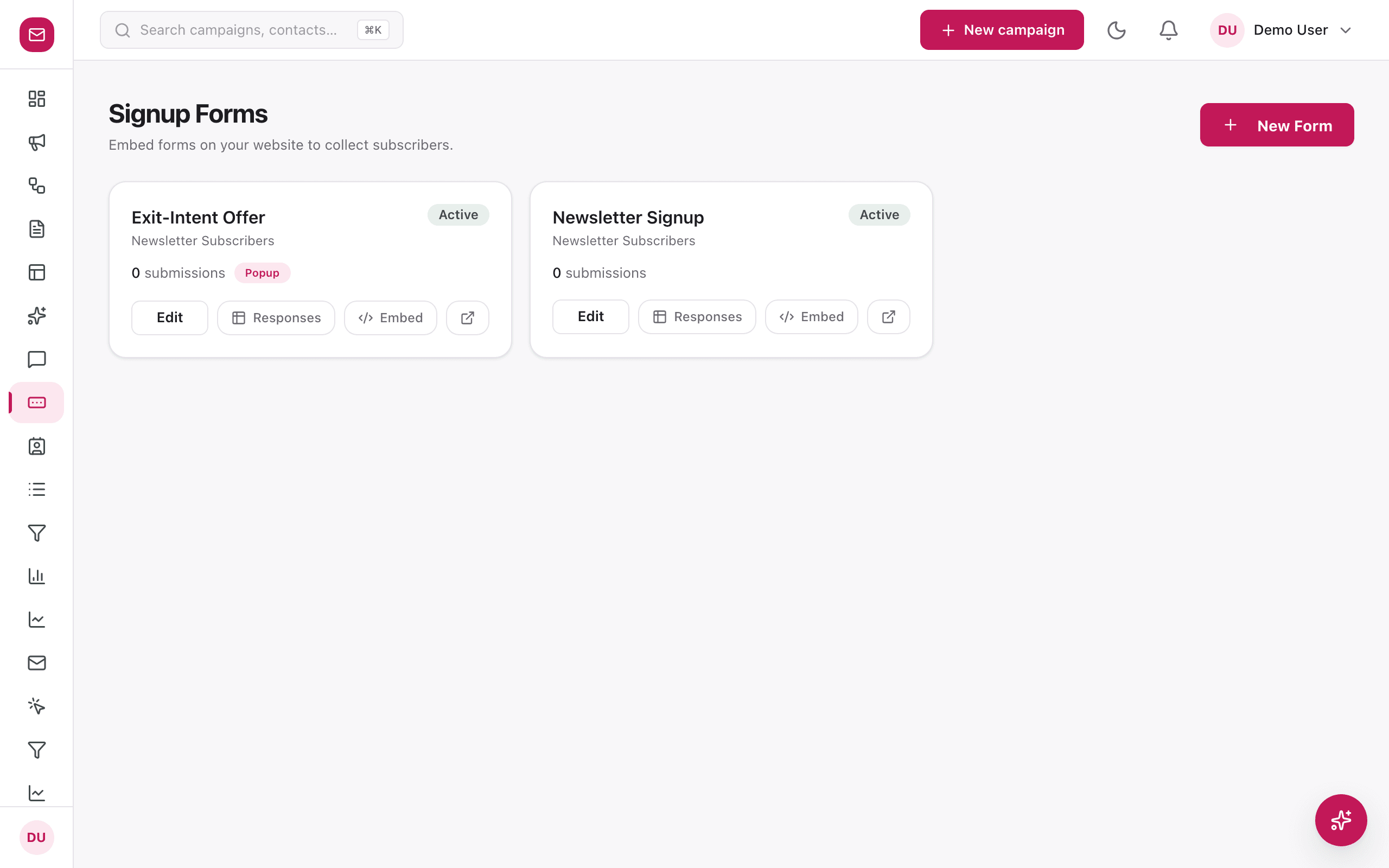 Forms page listing published signup forms with submission counts