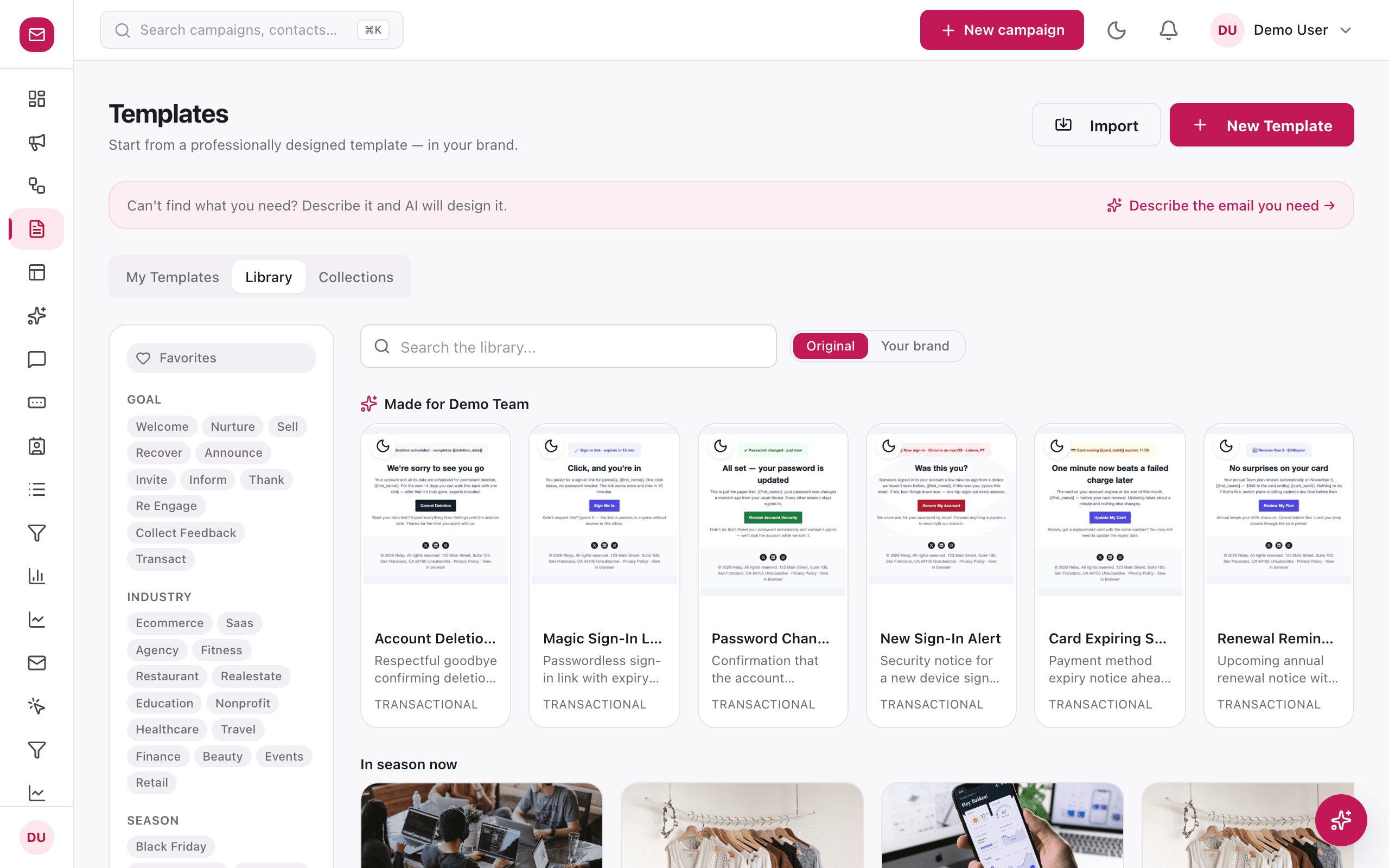 Template library with faceted filters and brand preview toggle